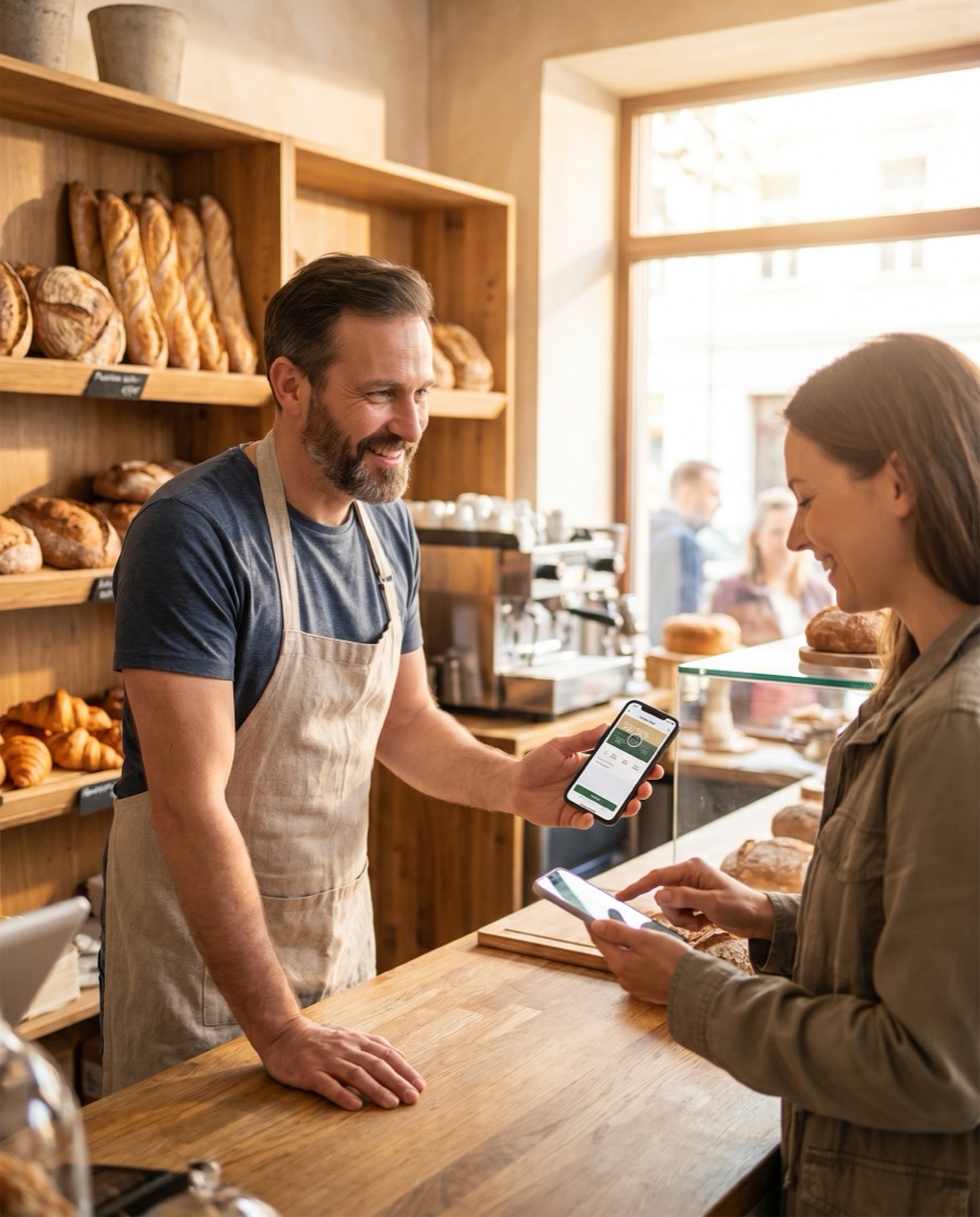 Un commerçant capture un prospect et l'ajoute à son programme de fidélité dans le Wallet d'un client